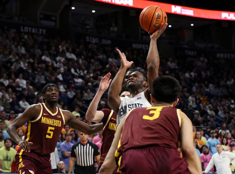 Jan 27, 2024; University Park, Pennsylvania, USA; Penn State Nittany Lions guard Kanye Clary (0) attempts a shot during the first half against the Minnesota Golden Gophers at Bryce Jordan Center. Minnesota defeated Penn State 83-74. Mandatory Credit: Matthew O'Haren-USA TODAY Sports