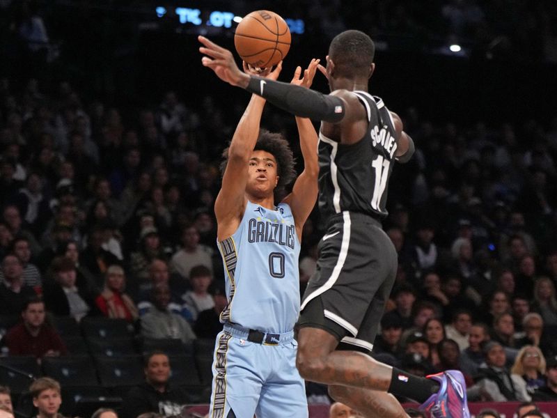 BROOKLYN, NY - NOVEMBER 4: Jaylen Wells #0 of the Memphis Grizzlies shoots the ball during the game against the Brooklyn Nets on November 4, 2024 at Barclays Center in Brooklyn, New York. NOTE TO USER: User expressly acknowledges and agrees that, by downloading and or using this Photograph, user is consenting to the terms and conditions of the Getty Images License Agreement. Mandatory Copyright Notice: Copyright 2024 NBAE (Photo by Jesse D. Garrabrant/NBAE via Getty Images)