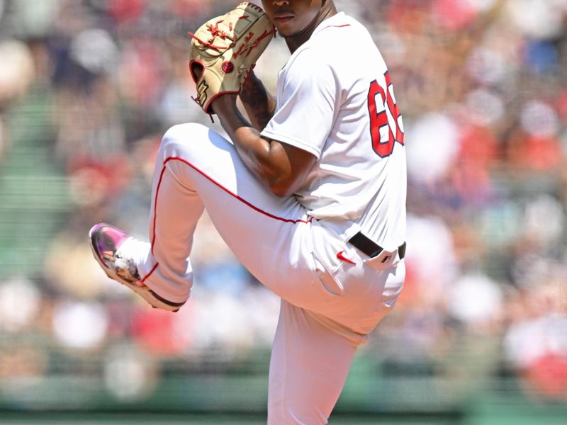 Jul 13, 2025; Boston, Massachusetts, USA; Boston Red Sox pitcher Brayan Bello (66) pitches against the Tampa Bay Rays during the first inning  at Fenway Park. Mandatory Credit: Brian Fluharty-Imagn Images