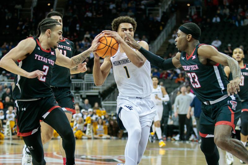 Mar 8, 2023; Kansas City, MO, USA; West Virginia Mountaineers forward Emmitt Matthews Jr. (1) gets tangled up under the basket trying to get around Texas Tech Red Raiders guard Pop Isaacs (2) and Texas Tech Red Raiders guard De'Vion Harmon (23) during the first half at T-Mobile Center. Mandatory Credit: William Purnell-USA TODAY Sports