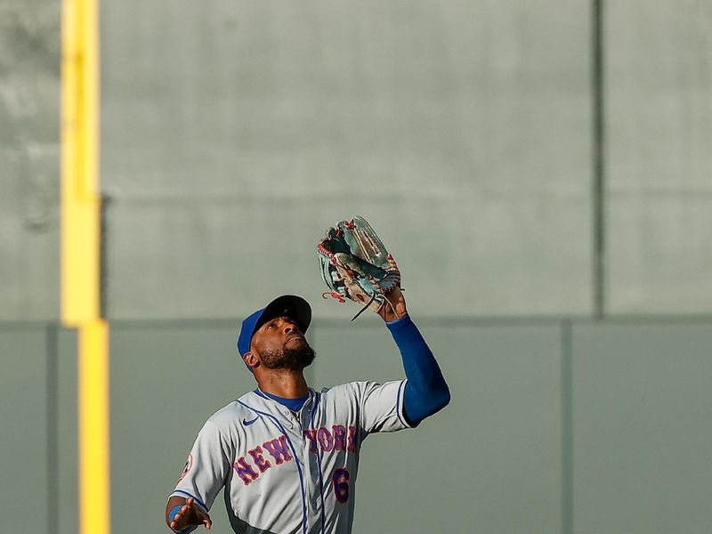 May 26, 2023; Denver, Colorado, USA; New York Mets right fielder Starling Marte (6) makes a catch for an out in the second inning against the Colorado Rockies at Coors Field. Mandatory Credit: Isaiah J. Downing-USA TODAY Sports