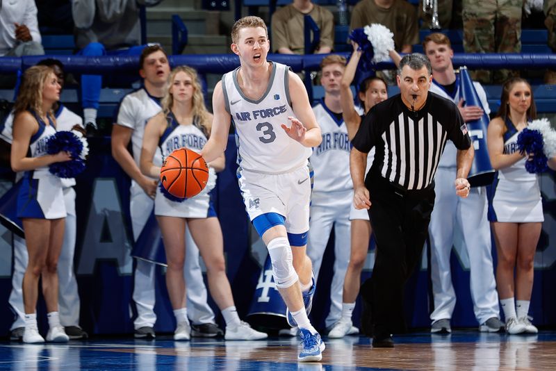 Mar 4, 2023; Colorado Springs, Colorado, USA; Air Force Falcons guard Jake Heidbreder (3) gestures as he dribbles the ball up court in the second half against the San Jose State Spartans at Clune Arena. Mandatory Credit: Isaiah J. Downing-USA TODAY Sports