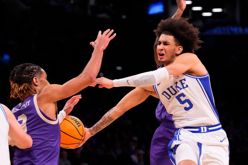 Mar 24, 2024; Brooklyn, NY, USA; Duke Blue Devils guard Tyrese Proctor (5) makes a pass against the James Madison Dukes in the second round of the 2024 NCAA Tournament  at Barclays Center. Mandatory Credit: Robert Deutsch-USA TODAY Sports