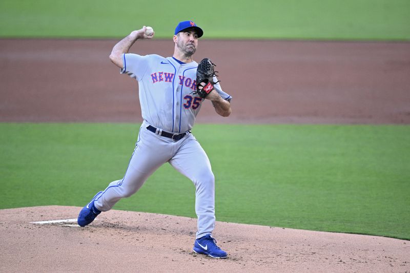 Jul 7, 2023; San Diego, California, USA; New York Mets starting pitcher Justin Verlander (35) throws a pitch against the San Diego Padres during the first inning at Petco Park. Mandatory Credit: Orlando Ramirez-USA TODAY Sports