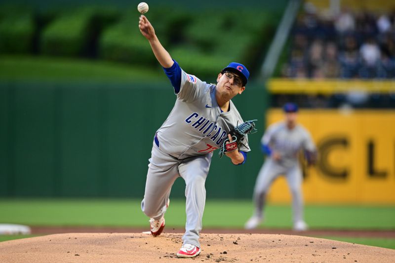 May 10, 2024; Pittsburgh, Pennsylvania, USA; Chicago Cubs starting pitcher Javier Assad (72) throws a pitch in the first inning against the Pittsburgh Pirates at PNC Park. Mandatory Credit: David Dermer-USA TODAY Sports