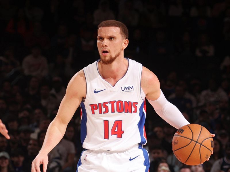 NEW YORK, NY - FEBRUARY 26: Malachi Flynn #14 of the Detroit Pistons dribbles the ball during the game against the New York Knicks on February 26, 2024 at Madison Square Garden in New York City, New York.  NOTE TO USER: User expressly acknowledges and agrees that, by downloading and or using this photograph, User is consenting to the terms and conditions of the Getty Images License Agreement. Mandatory Copyright Notice: Copyright 2024 NBAE  (Photo by Nathaniel S. Butler/NBAE via Getty Images)