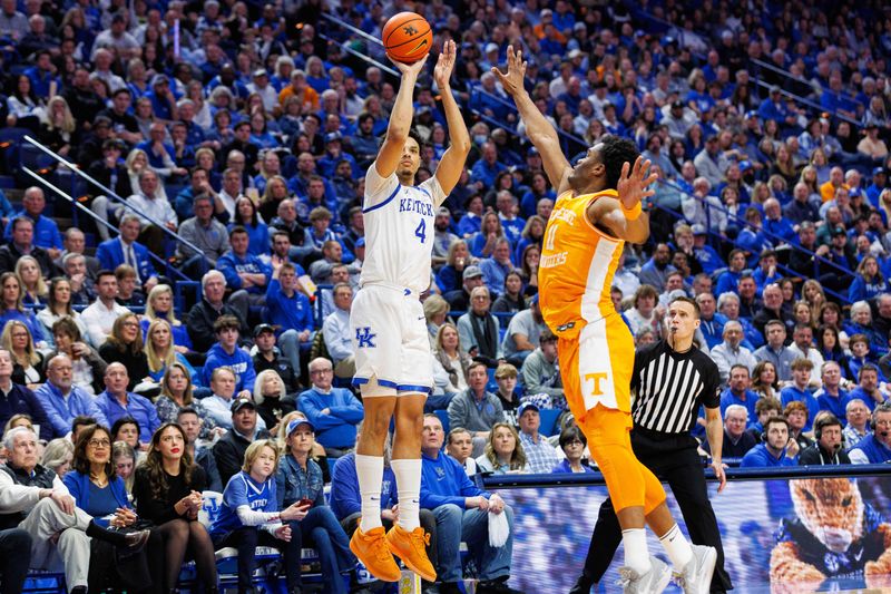 Feb 3, 2024; Lexington, Kentucky, USA; Kentucky Wildcats forward Tre Mitchell (4) shoots the ball during the second half against the Tennessee Volunteers at Rupp Arena at Central Bank Center. Mandatory Credit: Jordan Prather-USA TODAY Sports