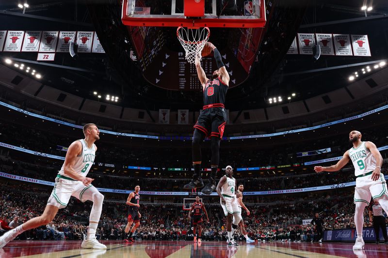 CHICAGO, IL - NOVEMBER 29: Zach LaVine #8 of the Chicago Bulls drives to the basket during the game against the Boston Celtics during the Emirates NBA Cup game on November 29, 2024 at United Center in Chicago, Illinois. NOTE TO USER: User expressly acknowledges and agrees that, by downloading and or using this photograph, User is consenting to the terms and conditions of the Getty Images License Agreement. Mandatory Copyright Notice: Copyright 2024 NBAE (Photo by Jeff Haynes/NBAE via Getty Images)