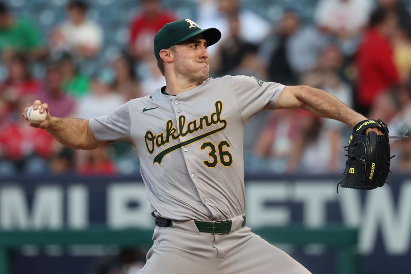 Jul 25, 2024; Anaheim, California, USA;  Oakland Athletics starting pitcher Ross Stripling (36) pitches during the second inning against the Los Angeles Angels at Angel Stadium. Mandatory Credit: Kiyoshi Mio-USA TODAY Sports