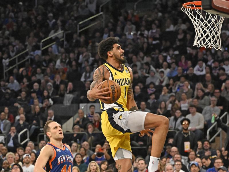 NEW YORK, NY - FEBRUARY 10: Obi Toppin #1 of the Indiana Pacers drives to the basket during the game against the New York Knicks on February 10, 2024 at Madison Square Garden in New York City, New York.  NOTE TO USER: User expressly acknowledges and agrees that, by downloading and or using this photograph, User is consenting to the terms and conditions of the Getty Images License Agreement. Mandatory Copyright Notice: Copyright 2024 NBAE  (Photo by David Dow/NBAE via Getty Images)