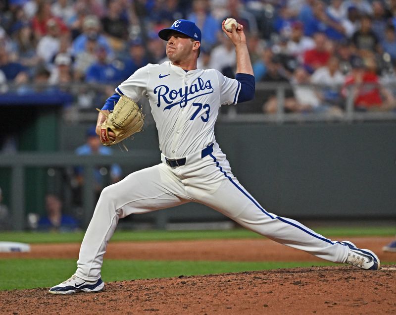 Jun 27, 2024; Kansas City, Missouri, USA;  Kansas City Royals relief pitcher Sam Long (73) delivers a pitch in the sixth inning against the Cleveland Guardians at Kauffman Stadium. Mandatory Credit: Peter Aiken-USA TODAY Sports