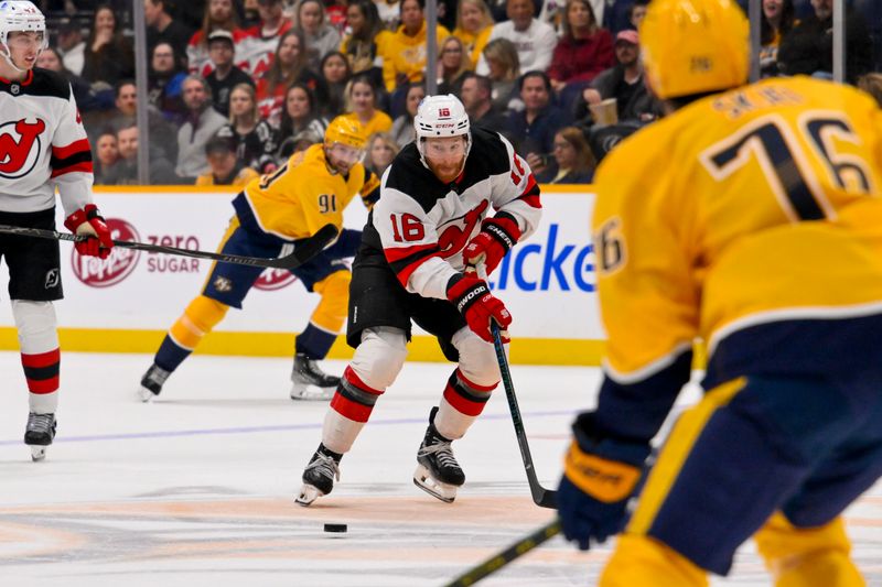 Mar 26, 2026; Nashville, Tennessee, USA;  New Jersey Devils right wing Connor Brown (16) skates with the puck against the Nashville Predators during the second period at Bridgestone Arena. Mandatory Credit: Steve Roberts-Imagn Images