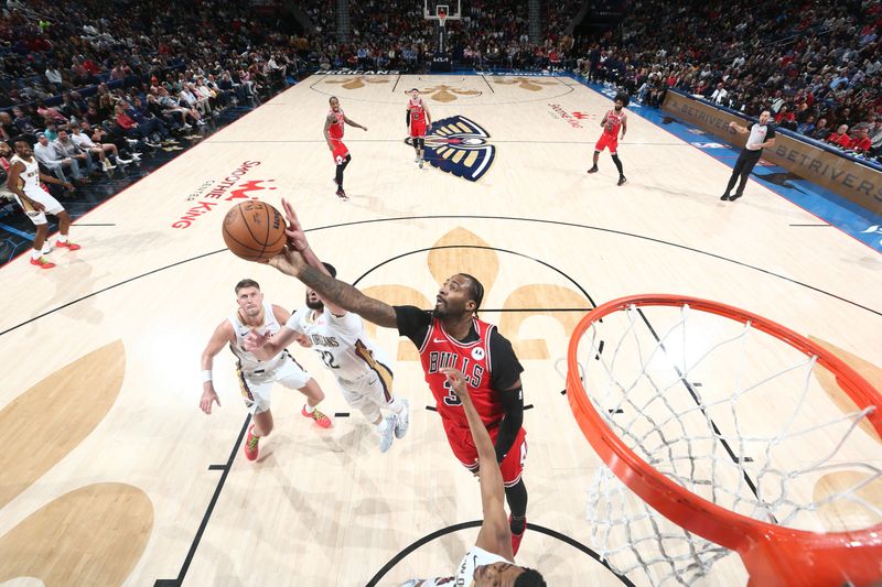 NEW ORLEANS, LA - FEBRUARY 25: Andre Drummond #3 of the Chicago Bulls grabs the rebound during the game against the New Orleans Pelicans on February 25, 2024 at the Smoothie King Center in New Orleans, Louisiana. NOTE TO USER: User expressly acknowledges and agrees that, by downloading and or using this Photograph, user is consenting to the terms and conditions of the Getty Images License Agreement. Mandatory Copyright Notice: Copyright 2024 NBAE (Photo by Layne Murdoch Jr./NBAE via Getty Images)