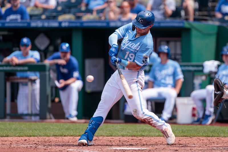 Jun 4, 2023; Kansas City, Missouri, USA; Kansas City Royals second baseman Michael Massey (19) at bat during the eighth inning against the Colorado Rockies at Kauffman Stadium. Mandatory Credit: William Purnell-USA TODAY Sports