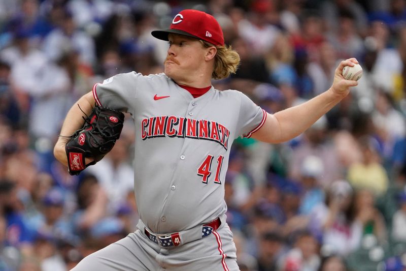 May 30, 2025; Chicago, Illinois, USA; Cincinnati Reds pitcher Andrew Abbott (41) throws the ball against the Chicago Cubs during the first inning at Wrigley Field. Mandatory Credit: David Banks-Imagn Images