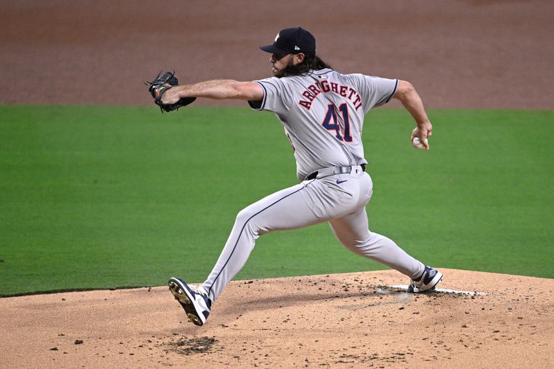 Sep 16, 2024; San Diego, California, USA; Houston Astros starting pitcher Spencer Arrighetti (41) pitches against the San Diego Padres during the first inning at Petco Park. Mandatory Credit: Orlando Ramirez-Imagn Images