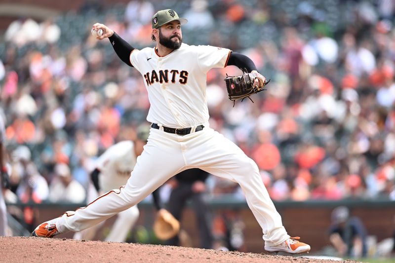 May 21, 2023; San Francisco, California, USA; San Francisco Giants pitcher Jakob Junis (34) throws a pitch against the Miami Marlins during the seventh inning at Oracle Park. Mandatory Credit: Robert Edwards-USA TODAY Sports