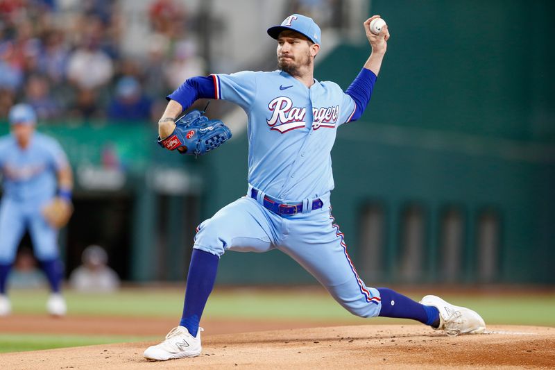 Aug 6, 2023; Arlington, Texas, USA; Texas Rangers starting pitcher Andrew Heaney (44) throws during the first inning against the Miami Marlins at Globe Life Field. Mandatory Credit: Andrew Dieb-USA TODAY Sports