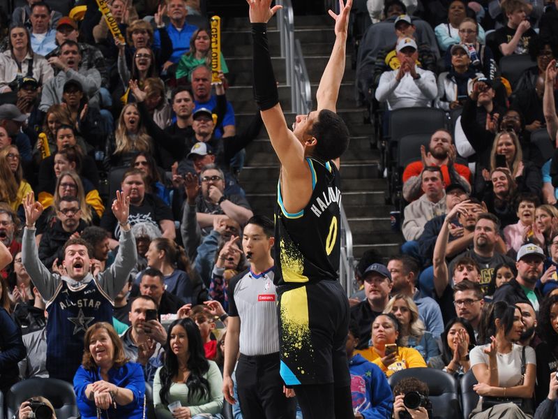 INDIANAPOLIS, IN - MARCH 16: Tyrese Haliburton #0 of the Indiana Pacers celebrates a three point basket during the game against the Brooklyn Nets on March 16, 2024 at Gainbridge Fieldhouse in Indianapolis, Indiana. NOTE TO USER: User expressly acknowledges and agrees that, by downloading and or using this Photograph, user is consenting to the terms and conditions of the Getty Images License Agreement. Mandatory Copyright Notice: Copyright 2024 NBAE (Photo by Ron Hoskins/NBAE via Getty Images)