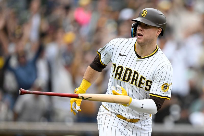 May 28, 2025; San Diego, California, USA; San Diego Padres first baseman Gavin Sheets (30) rounds the bases after hitting a two-run home run during the seventh inning against the Miami Marlins at Petco Park. Mandatory Credit: Denis Poroy-Imagn Images