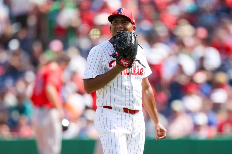 Mar 14, 2024; Clearwater, Florida, USA;  Philadelphia Phillies starting pitcher Ranger Suarez (55) reacts after leaving the game against the Boston Red Sox in the fourth inning at BayCare Ballpark. Mandatory Credit: Nathan Ray Seebeck-USA TODAY Sports