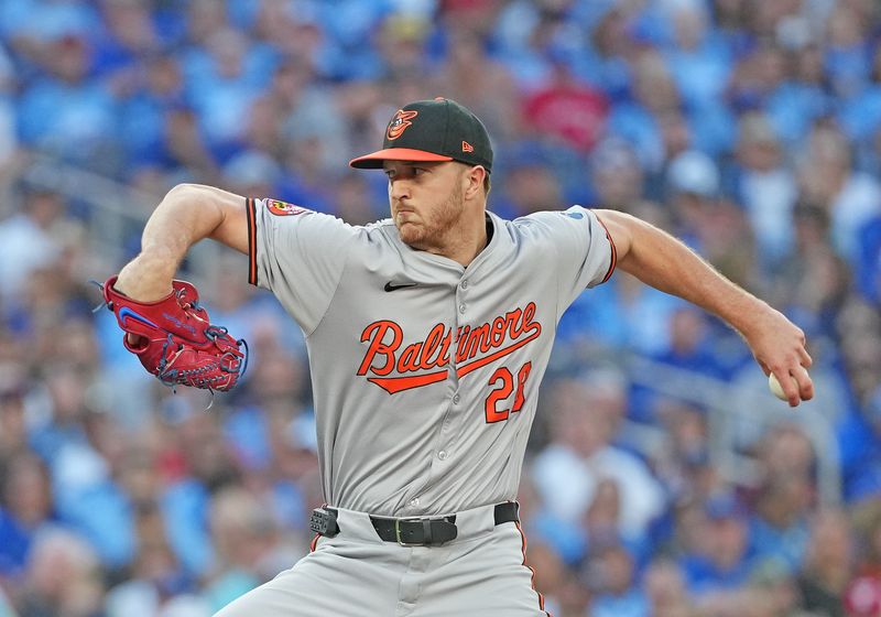 Aug 7, 2024; Toronto, Ontario, CAN; Baltimore Orioles starting pitcher Trevor Rogers (28) throws a pitch against the Toronto Blue Jays during the first inning at Rogers Centre. Mandatory Credit: Nick Turchiaro-USA TODAY Sports