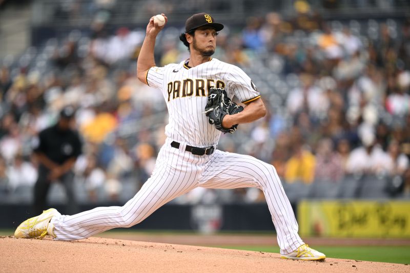 May 17, 2023; San Diego, California, USA; San Diego Padres starting pitcher Yu Darvish (11) throws a pitch against the Kansas City Royals during the first inning at Petco Park. Mandatory Credit: Orlando Ramirez-USA TODAY Sports