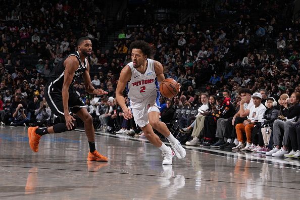 BROOKLYN, NY - DECEMBER 23: Cade Cunningham #2 of the Detroit Pistons dribbles the ball during the game against the Brooklyn Nets on December 23, 2023 at Barclays Center in Brooklyn, New York. NOTE TO USER: User expressly acknowledges and agrees that, by downloading and or using this Photograph, user is consenting to the terms and conditions of the Getty Images License Agreement. Mandatory Copyright Notice: Copyright 2023 NBAE (Photo by Jesse D. Garrabrant/NBAE via Getty Images)