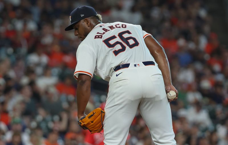 Sep 21, 2024; Houston, Texas, USA;  Houston Astros starting pitcher Ronel Blanco (56) pitches against the Los Angeles Angels in the first inning at Minute Maid Park. Mandatory Credit: Thomas Shea-Imagn Images