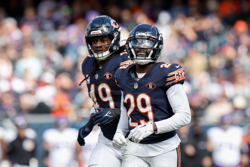 Chicago Bears cornerback Tyrique Stevenson (29) reacts during the second half of an NFL football game against the Minnesota Vikings, Sunday, Oct. 15, 2023, in Chicago. (AP Photo/Kamil Krzaczynski)