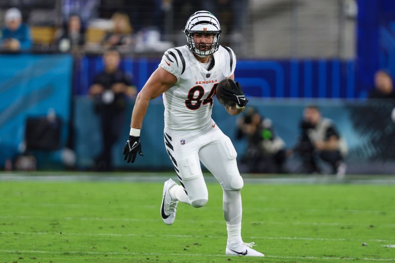 Cincinnati Bengals tight end Mitchell Wilcox (84) runs the ball during an NFL football game against the Jacksonville Jaguars, Monday, Dec. 4, 2023, in Jacksonville, Fla. (AP Photo/Gary McCullough)