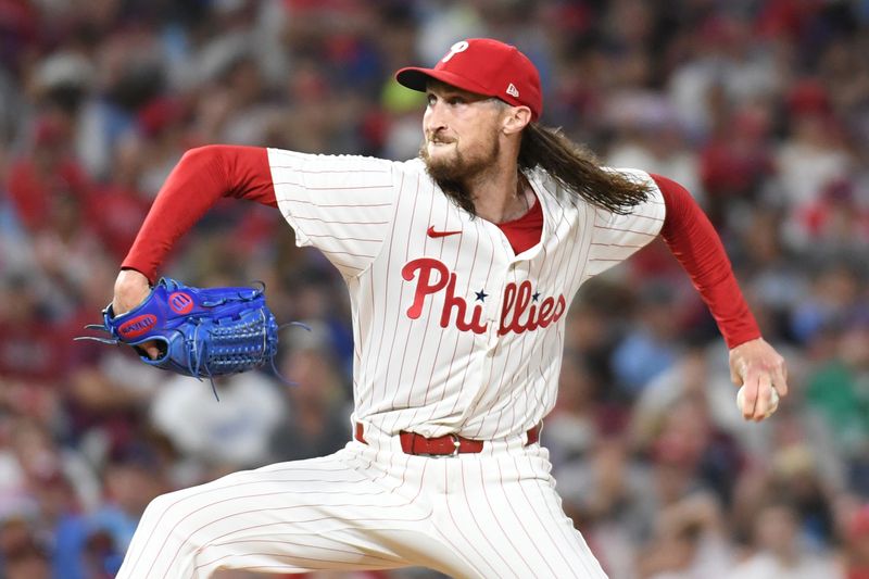 Jul 10, 2024; Philadelphia, Pennsylvania, USA; Philadelphia Phillies pitcher Matt Strahm (25) throws a pitch during the seventh inning against the Los Angeles Dodgers at Citizens Bank Park. Mandatory Credit: Eric Hartline-USA TODAY Sports