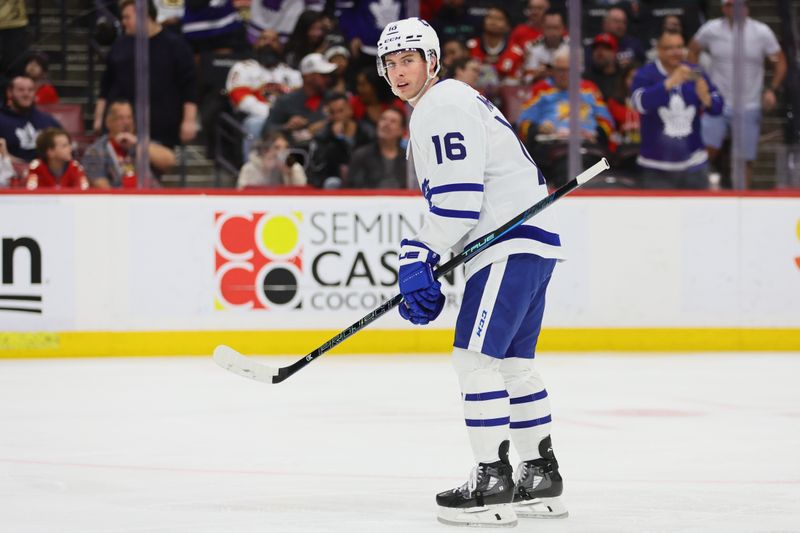 Apr 16, 2024; Sunrise, Florida, USA; Toronto Maple Leafs right wing Mitch Marner (16) looks on after scoring against the Florida Panthers during the first period at Amerant Bank Arena. Mandatory Credit: Sam Navarro-USA TODAY Sports