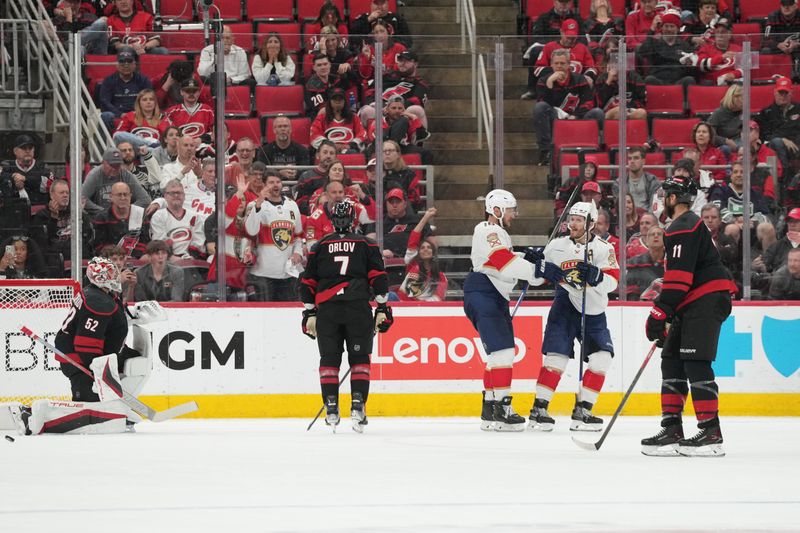 May 22, 2025; Raleigh, North Carolina, USA; Florida Panthers forward Aleksander Barkov (16) celebrates scoring during the third period against the Carolina Hurricanes in game two of the Eastern Conference Final of the 2025 Stanley Cup Playoffs at Lenovo Center. Mandatory Credit: James Guillory-Imagn Images