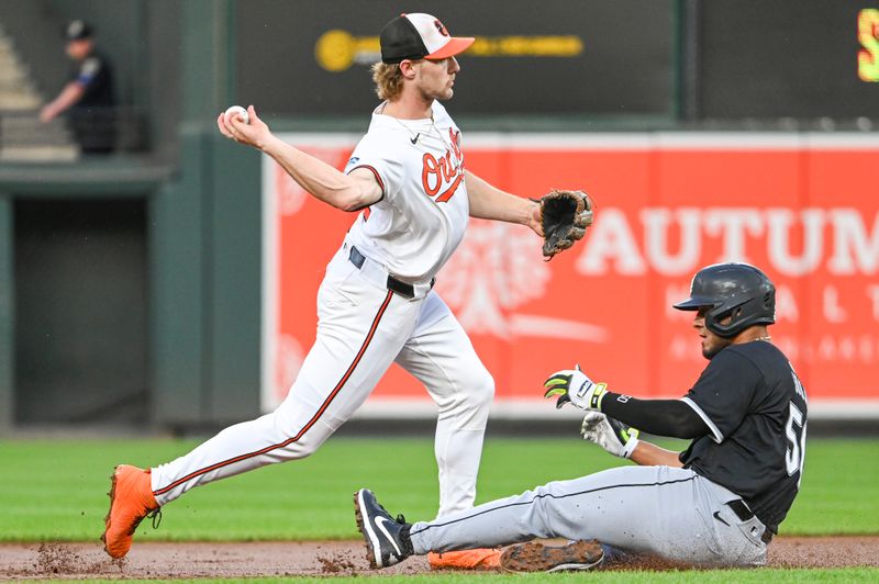 Sep 4, 2024; Baltimore, Maryland, USA;  Baltimore Orioles shortstop Gunnar Henderson (2) throws to first base as Chicago White Sox third base Lenyn Sosa (50) slides during the second inning at Oriole Park at Camden Yards. Mandatory Credit: Tommy Gilligan -Imagn Images