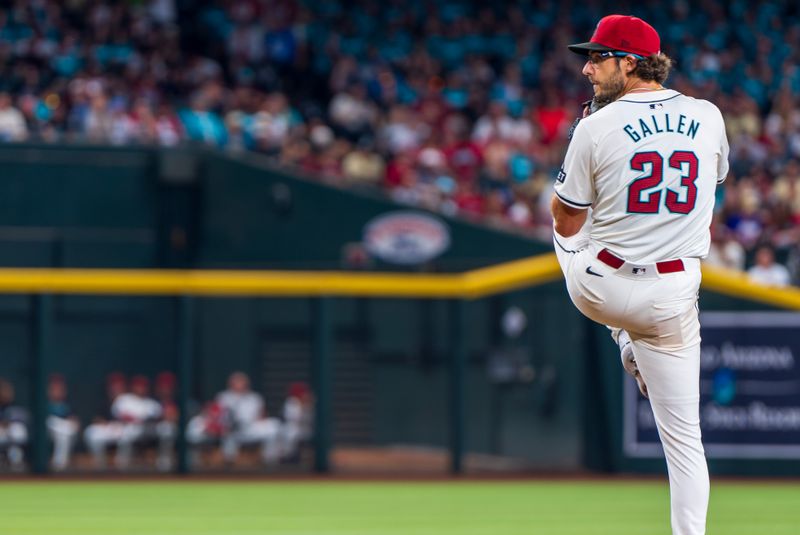 Aug 10, 2024; Phoenix, Arizona, USA; Arizona Diamondbacks pitcher Zac Gallen (23) on the mound in the second inning during a game against the Philadelphia Phillies at Chase Field. Mandatory Credit: Allan Henry-USA TODAY Sports 