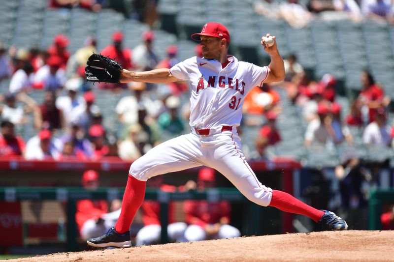 Jun 27, 2024; Anaheim, California, USA; Los Angeles Angels pitcher Tyler Anderson (31) throws against the Detroit Tigers during the second inning at Angel Stadium. Mandatory Credit: Gary A. Vasquez-USA TODAY Sports