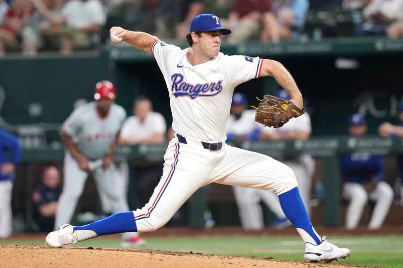 Sep 7, 2024; Arlington, Texas, USA; Texas Rangers relief pitcher Matt Festa (63) pitches to the Los Angeles Angels during the sixth inning at Globe Life Field. Mandatory Credit: Jim Cowsert-Imagn Images