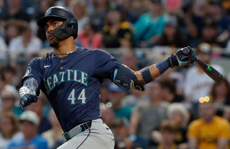 Aug 16, 2024; Pittsburgh, Pennsylvania, USA;  Seattle Mariners designated hitter Julio Rodríguez (44) hits a double against the Pittsburgh Pirates during the sixth inning at PNC Park. Mandatory Credit: Charles LeClaire-USA TODAY Sports