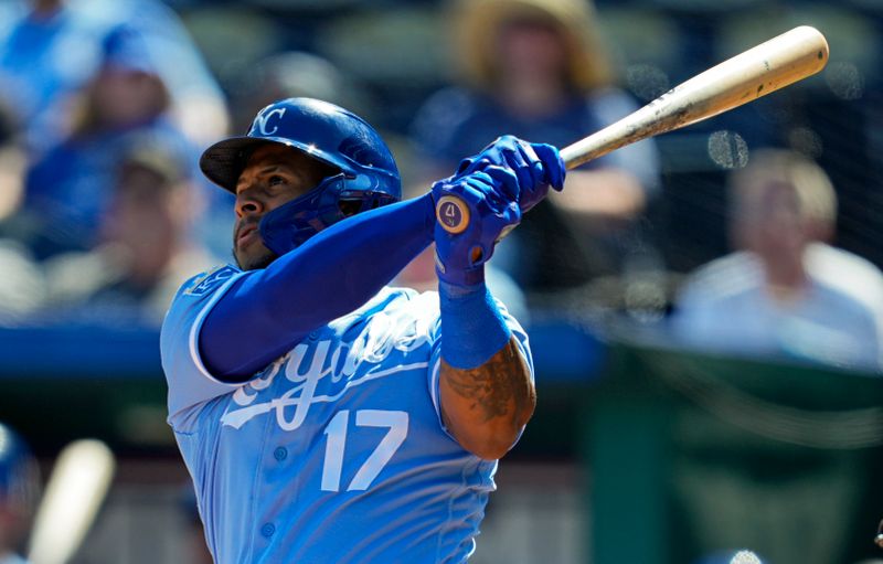 Sep 20, 2023; Kansas City, Missouri, USA; Kansas City Royals right fielder Nelson Velazquez (17) hits a home run during the first inning against the Cleveland Guardians at Kauffman Stadium. Mandatory Credit: Jay Biggerstaff-USA TODAY Sports