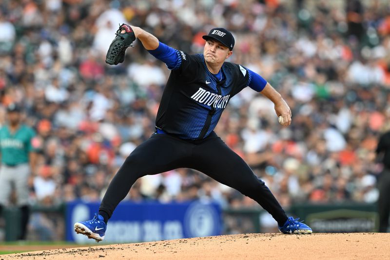 Jul 11, 2025; Detroit, Michigan, USA; Detroit Tigers starting pitcher Tarik Skubal (29) throws a pitch against the Seattle Mariners in the second inning at Comerica Park. Mandatory Credit: Lon Horwedel-Imagn Images