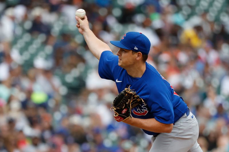 Aug 23, 2023; Detroit, Michigan, USA;  Chicago Cubs relief pitcher Michael Rucker (59) pitches in the sixth inning against the Detroit Tigers at Comerica Park. Mandatory Credit: Rick Osentoski-USA TODAY Sports