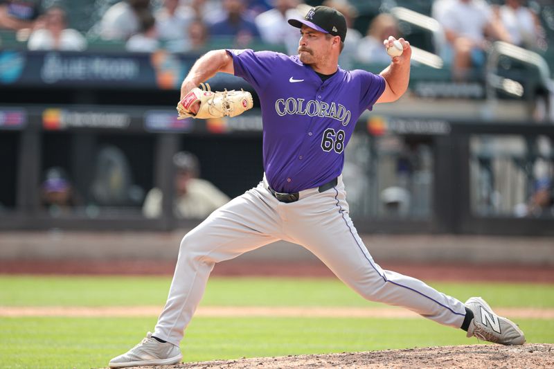 Jul 14, 2024; New York City, New York, USA; Colorado Rockies relief pitcher Jalen Beeks (68) delivers a pitch during the eighth inning against the New York Mets at Citi Field. Mandatory Credit: Vincent Carchietta-USA TODAY Sports