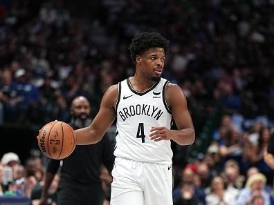 DALLAS, TX - OCTOBER 27: Dennis Smith Jr. #4 of the Brooklyn Nets dribbles the ball during the game against the Dallas Mavericks on October 27, 2023 at the American Airlines Center in Dallas, Texas. NOTE TO USER: User expressly acknowledges and agrees that, by downloading and or using this photograph, User is consenting to the terms and conditions of the Getty Images License Agreement. Mandatory Copyright Notice: Copyright 2023 NBAE (Photo by Glenn James/NBAE via Getty Images)