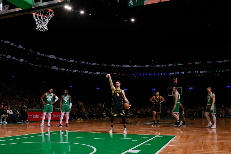 BOSTON, MA - MARCH 3: Klay Thompson #11 of the Golden State Warriors prepares to shoot a free throw during the game against the Boston Celtics on March 3, 2024 at the TD Garden in Boston, Massachusetts. NOTE TO USER: User expressly acknowledges and agrees that, by downloading and or using this photograph, User is consenting to the terms and conditions of the Getty Images License Agreement. Mandatory Copyright Notice: Copyright 2024 NBAE  (Photo by Brian Babineau/NBAE via Getty Images)