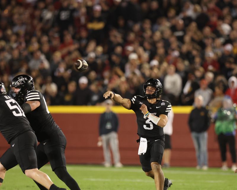 Oct 19, 2024; Ames, Iowa, USA; Iowa State Cyclones quarterback Rocco Becht (3) throws a pass during their game with the UCF Knights at Jack Trice Stadium. The Cyclones beat the Knights 38 to 35.  Mandatory Credit: Reese Strickland-Imagn Images