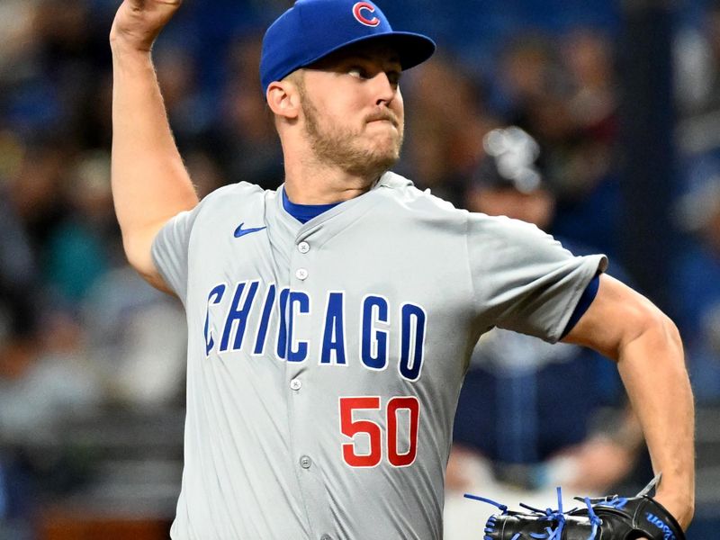 Jun 11, 2024; St. Petersburg, Florida, USA; Chicago Cubs starting pitcher Jameson Taillon (50) throws a pitch in the first inning against the Tampa Bay Rays at Tropicana Field. Mandatory Credit: Jonathan Dyer-USA TODAY Sports