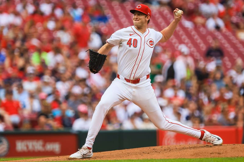 Jun 23, 2024; Cincinnati, Ohio, USA; Cincinnati Reds starting pitcher Nick Lodolo (40) pitches against the Boston Red Sox in the first inning at Great American Ball Park. Mandatory Credit: Katie Stratman-USA TODAY Sports