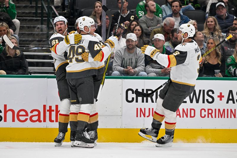 Dec 9, 2023; Dallas, Texas, USA; Vegas Golden Knights right wing Mark Stone (61) and center Ivan Barbashev (49) and defenseman Brayden McNabb (3) celebrates a goal scored by Stone against the Dallas Stars during the first period at the American Airlines Center. Mandatory Credit: Jerome Miron-USA TODAY Sports