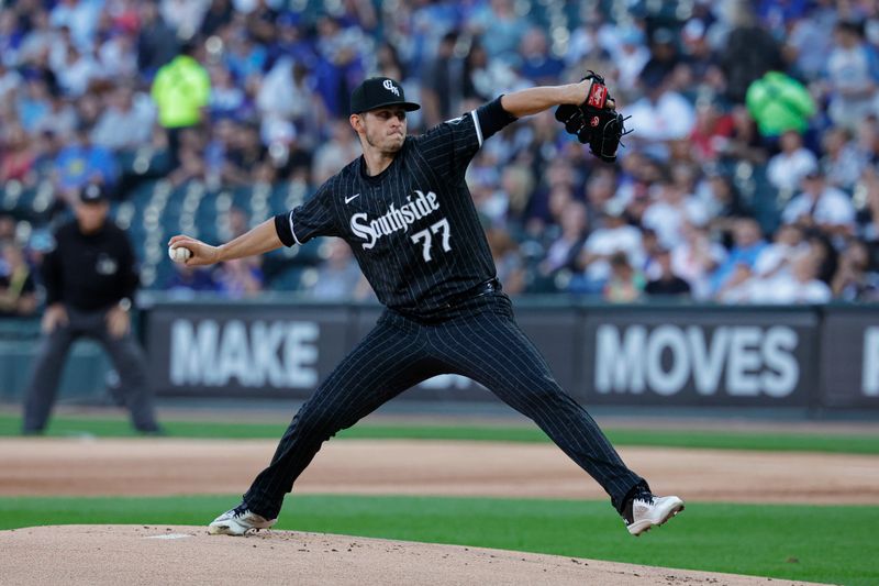 Aug 10, 2024; Chicago, Illinois, USA; Chicago White Sox starting pitcher Chris Flexen (77) delivers a pitch against the Chicago Cubs during the first inning at Guaranteed Rate Field. Mandatory Credit: Kamil Krzaczynski-USA TODAY Sports